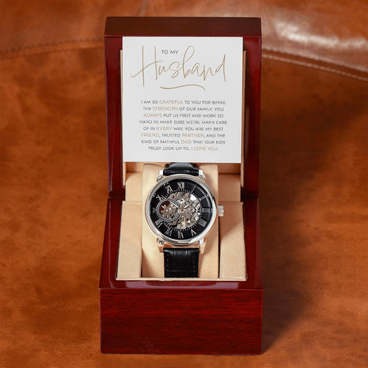 To My Husband The Strength of Our Family Men's Openwork Watch with Mahogany Box