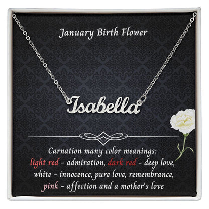 January Carnation Flower 004 Personalized Name Necklace