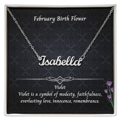 February Violet Flower 004 Personalized Name Necklace