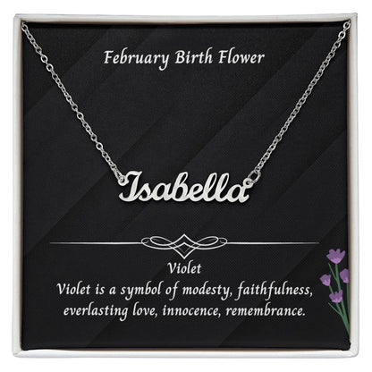 February Violet Flower 001 Personalized Name Necklace