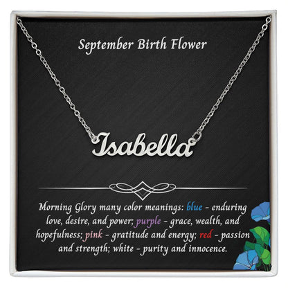 September Morning Glory Flower 003 Personalized Name Necklace