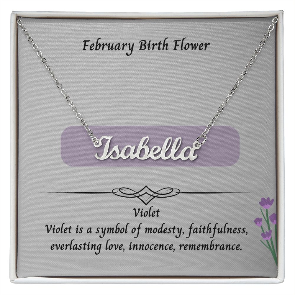 February Violet Flower 002 Personalized Name Necklace