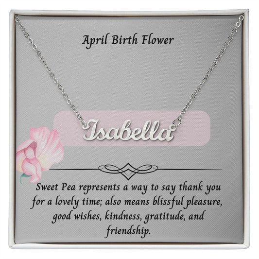 April Sweet Pea Flower 002 Personalized Name Necklace