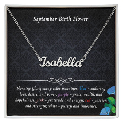 September Morning Glory Flower 004 Personalized Name Necklace
