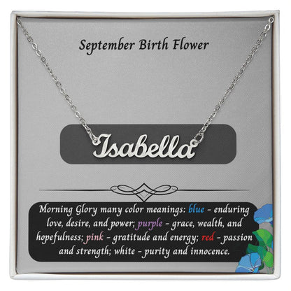 September Morning Glory Flower 002 Personalized Name Necklace