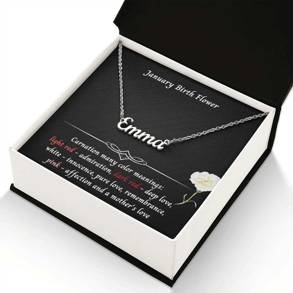 January Carnation Flower 003 Personalized Name Necklace
