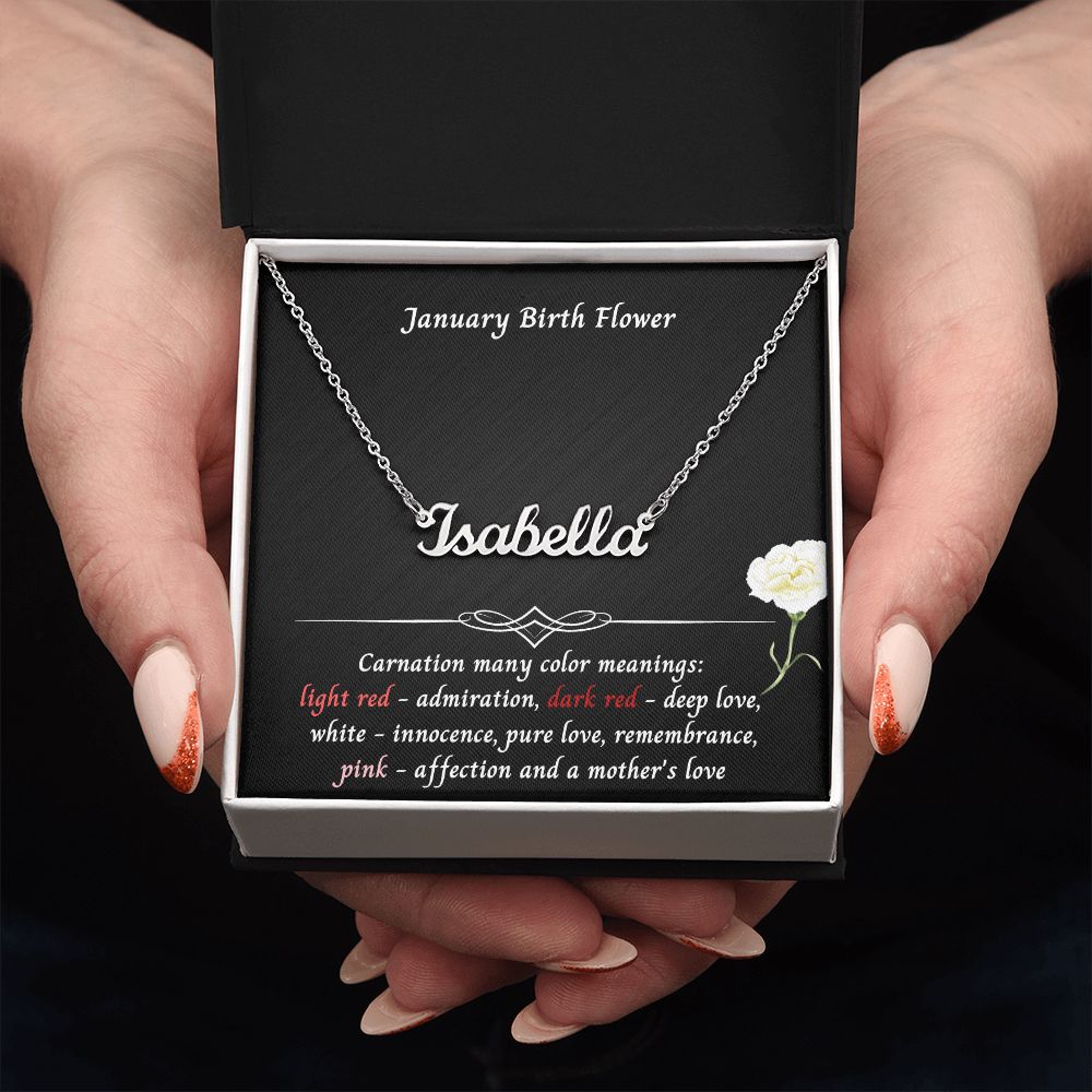 January Carnation Flower 003 Personalized Name Necklace