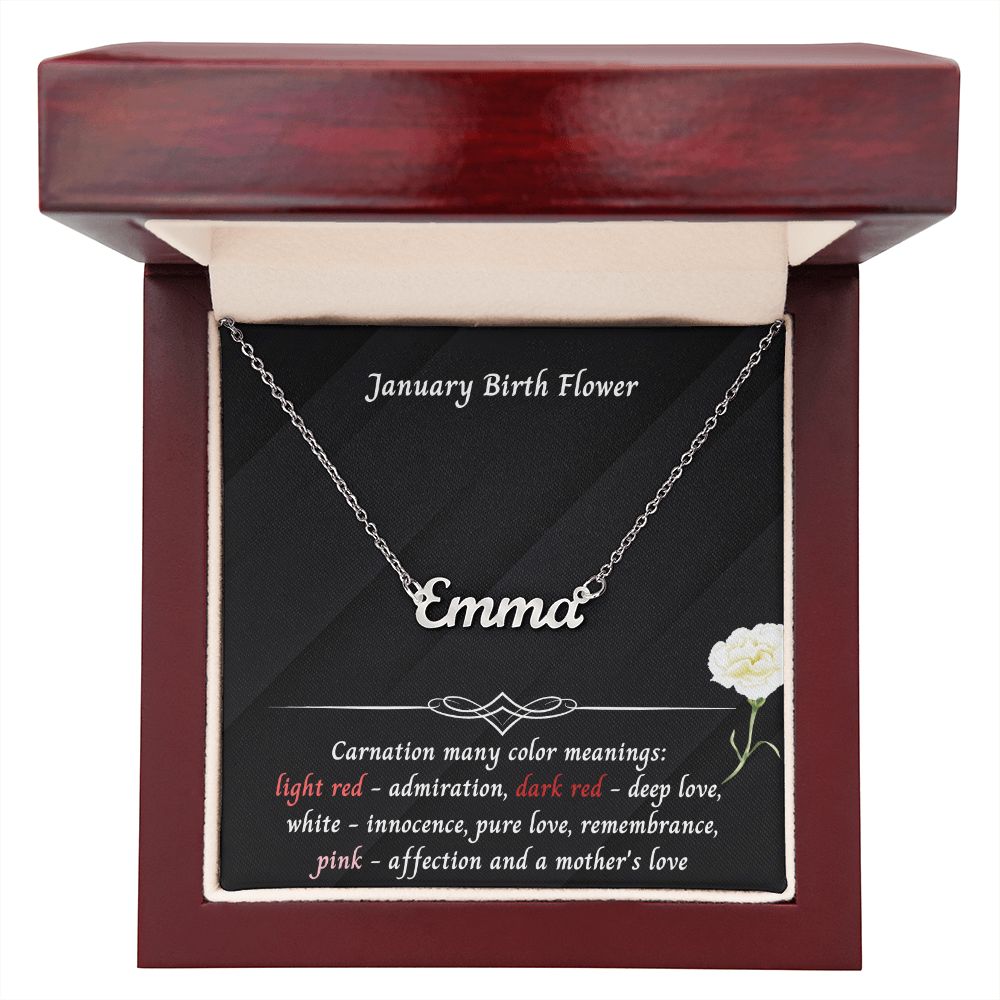 January Carnation Flower 002 Personalized Name Necklace