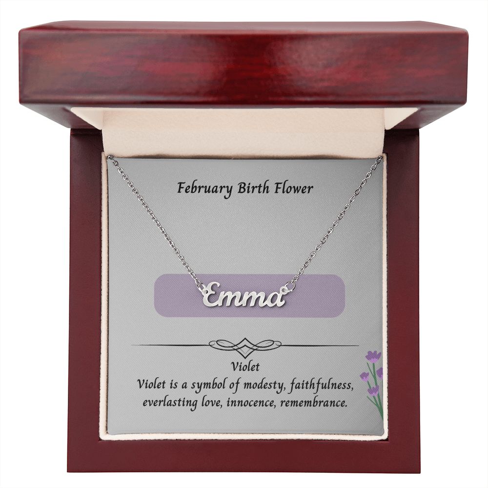 February Violet Flower 002 Personalized Name Necklace
