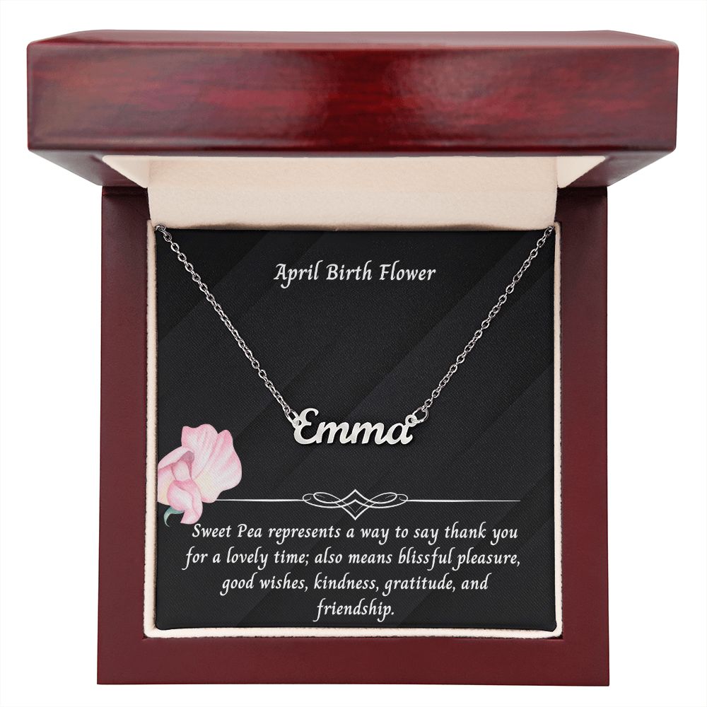 April Sweet Pea Flower 001 Personalized Name Necklace