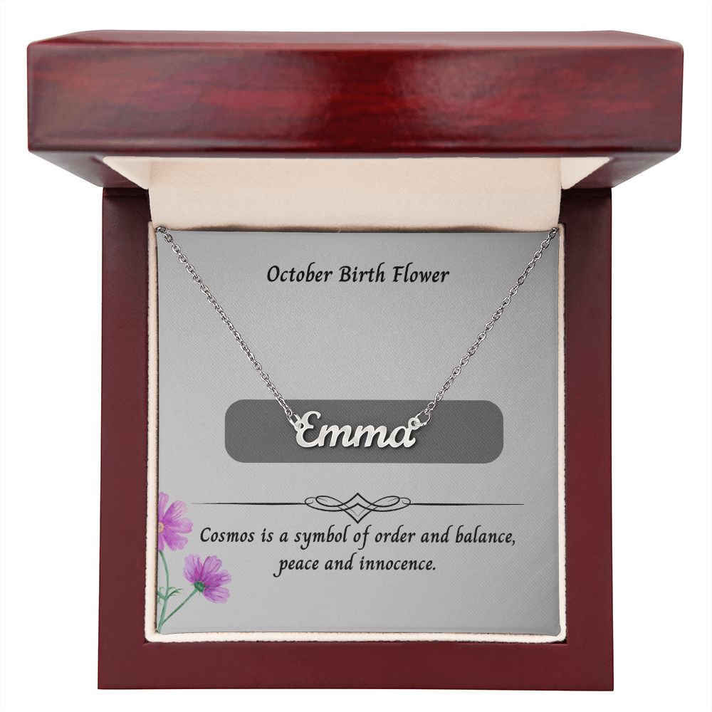 October Cosmos Flower 002 Personalized Name Necklace