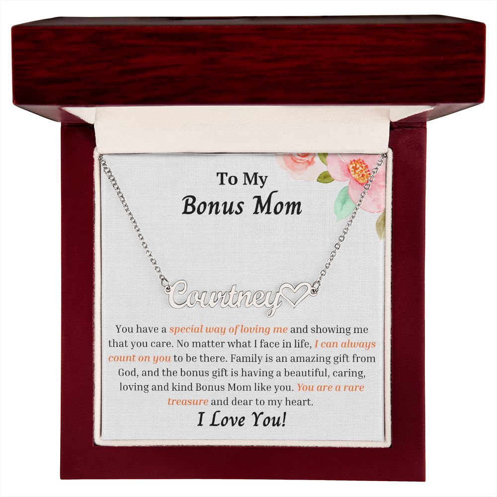 To My Bonus Mom Personalized Name Necklace w/Heart