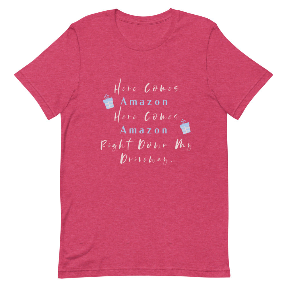 Here Comes Amazon Here Comes Amazon Right Down My Driveway Short-Sleeve T-Shirt, Here Comes Amazon Shirt, Cute Women’s Christmas Shirt, Women’s Christmas T-shirt, Amazon Prime, Christmas Shirt, Funny Christmas Shirt